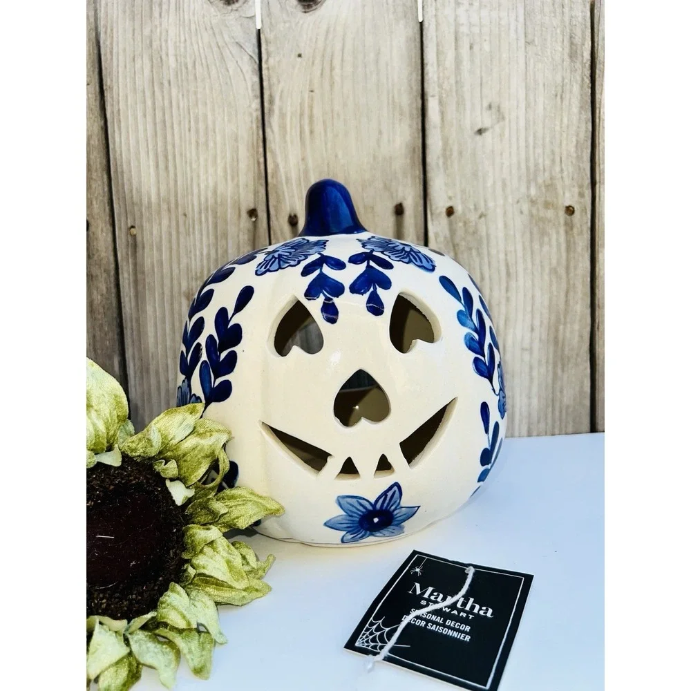 Martha Stewart Fall Halloween Ceramic Pumpkin Jack O Lantern Blue White Candle